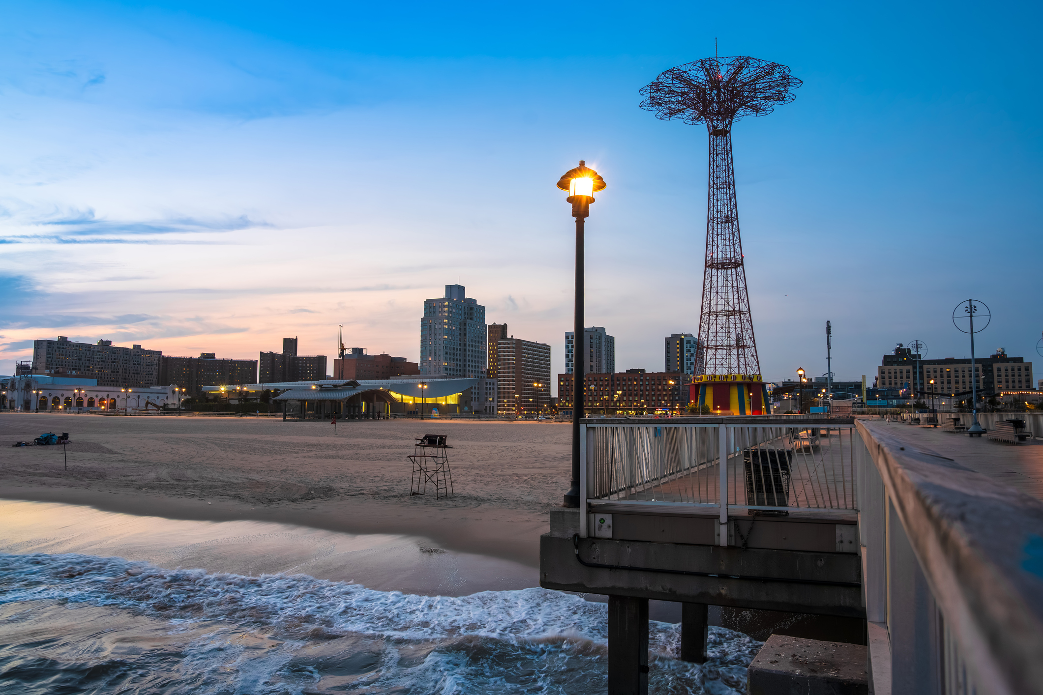 Coney island boardwalk and beach evening view, New York city beach, USA